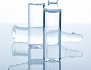 Three glass ampoules filled with clear liquid, reflecting on a glossy surface.