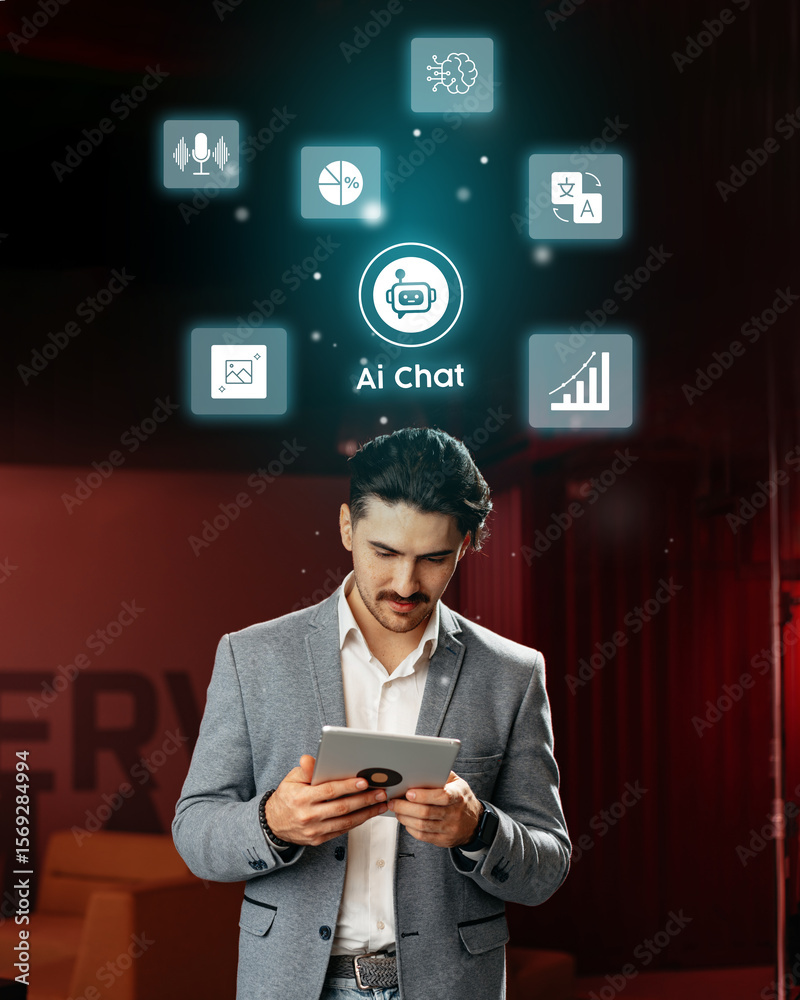 Poster professional man engaging with ai technology while checking data analytics in a modern office settin