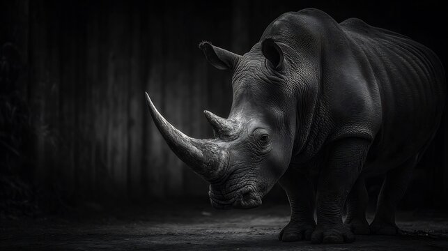 Majestic White Rhino with Wildlife, and Dark Background.