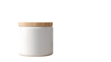 Minimalist white ceramic jar with wooden lid isolated on a white background for product mockups