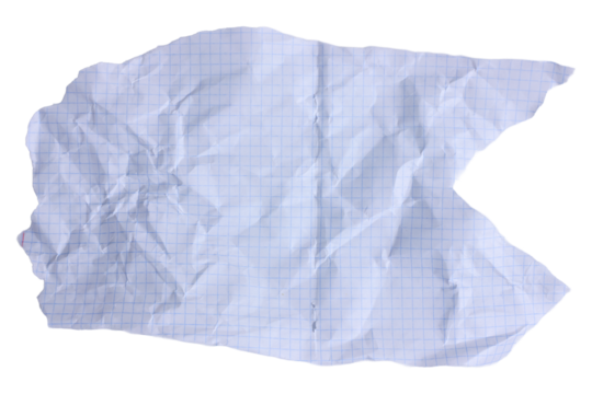 Crumpled grid paper sheet isolated on white background.