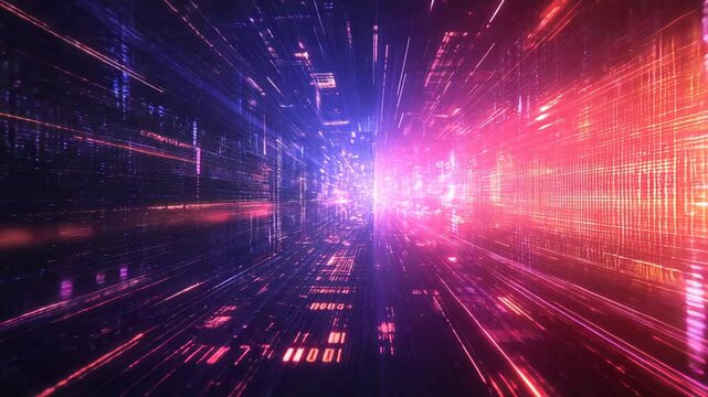 Streaming Binary Code and Data Flow, Digital Background with Motion and Atmospheric Effects

