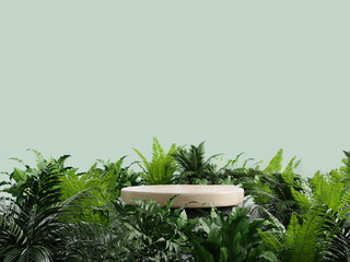 Wooden podium in tropical forest for product presentation and green wall.3d rendering