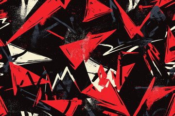 Abstract seamless grunge pattern. Urban art texture with neon lines, triangles, chaotic brush strokes, ink elements. Colorful graffiti vector background. Trendy design in red, black and gray color