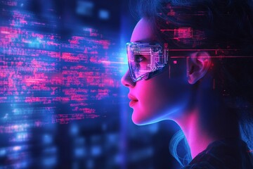 human head with binary code background, Generative AI