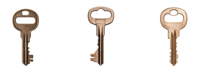 Three metallic keys with distinct shapes and grooves, isolated on transparency background, showcasing their unique designs and functionality
