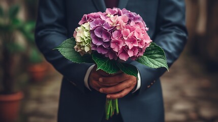 Man holding hydrangea bouquet with wedding, and romance.