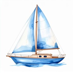 Fototapeta premium Blue Sailboat Watercolor Painting on White Background