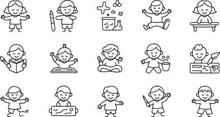 Baby and Childhood - Thin line vector icon set. Pixel perfect. Editable stroke. For Mobile and Web. The set contains icons: Baby - Human Age, Baby Girls, Teddy Bear, Diaper, Child, Sleeping, Child, Ch