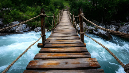 Fototapeta premium Scenic wooden bridge with rope railings over calm water leading to a distant shoreline