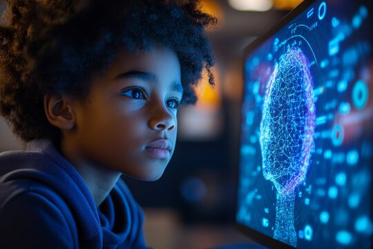 School student working on a smart tablet device using AI artificial intelligence technology and machine learning. Interactive classroom technology and AI blue holographic data, Generative AI