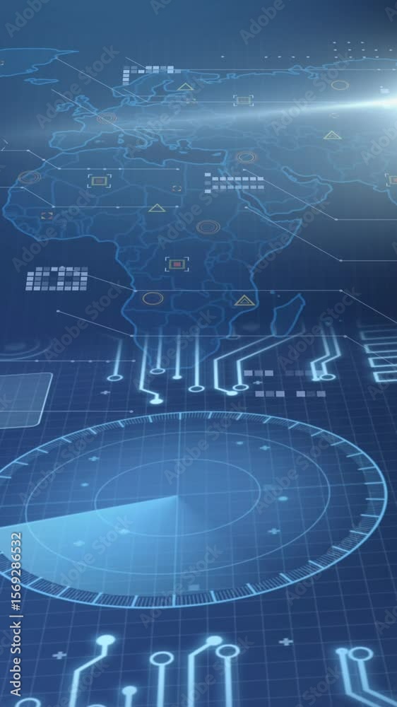 Poster animation of computing data processing over world map and circuit board