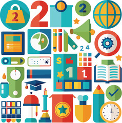 A vibrant collection of flat design icons representing numbers learning education technology and various symbols for a modern graphic presentation