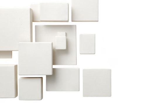 White square blocks are arranged in a pile isolated on transparent background