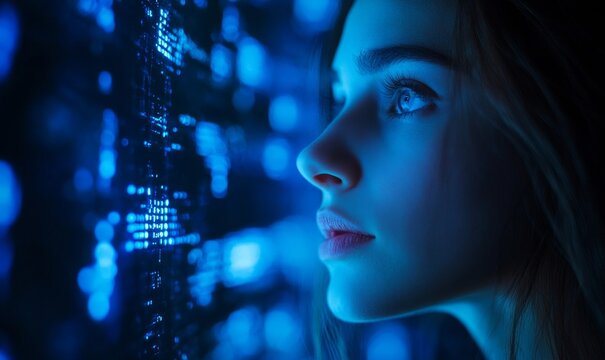 Female cybersecurity analyst analysing AI cyberspace threats on a computer in a dark tech office data centre. Blue lighting aids in the ethical hacking process, Generative AI