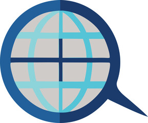 Stylized globe icon with speech bubble tail representing global communication and information exchange