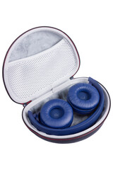 Blue headphones in a protective case with mesh pocket.