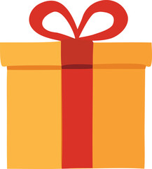 A simple stylized illustration of a bright yellow gift box tied with a bold red ribbon and a large bow