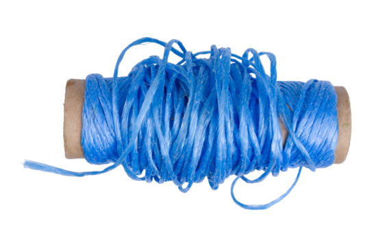 Blue twine wrapped around a cardboard spool on white background.