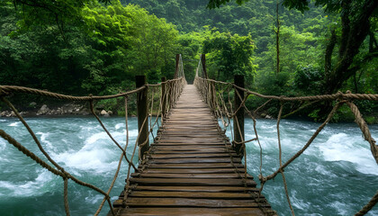 Fototapeta premium Scenic wooden bridge with rope railings over calm water leading to a distant shoreline