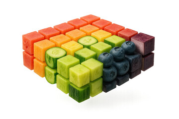 Colorful cube made of square pieces of fruit and vegetables, isolated element
