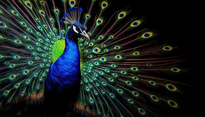 Obraz premium A vibrant peacock's iridescent plumage explodes against a deep black background , vivid, pattern