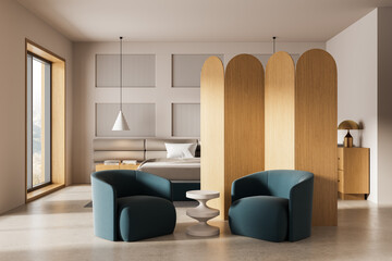Modern interior concept with cozy lounge chairs, wooden divider, and minimal bedroom decor in soft natural lighting and warm neutral tones. 3D Rendering