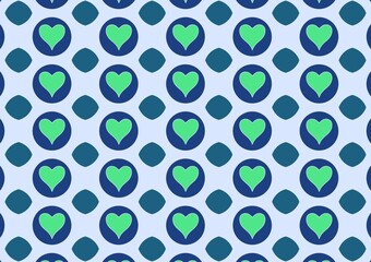 Seamless pattern of green hearts within navy blue circles and teal diamond shapes on a light blue background