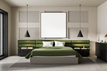 Modern bedroom interior with green bed and empty poster mockup on textured wall for advertising or...