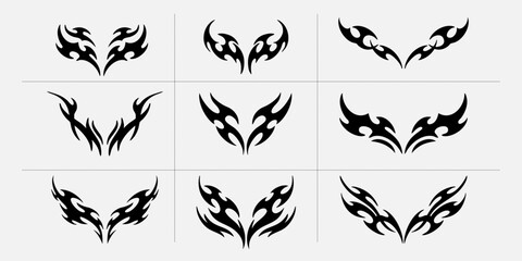 Set of 9 Neo Y2K tribal tattoo vector designs with symmetrical black shapes. Perfect for edgy fashion, t-shirt graphics, decals, and modern body art aesthetics.