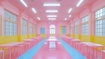 Pastel-hued school cafeteria