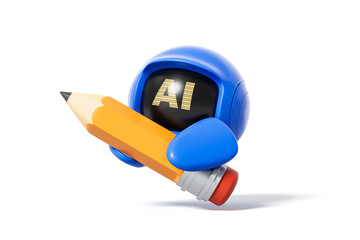 Cute blue robot character holding a pencil with AI on screen representing artificial intelligence...