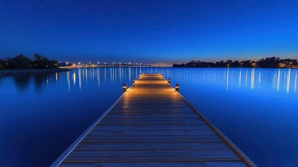 Fototapeta premium Peaceful wooden pier at night, reflecting stars and city lights