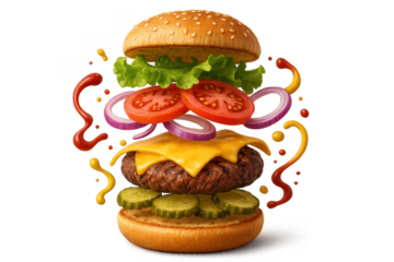 Delicious burger with flying ingredients isolated on a transparent background.