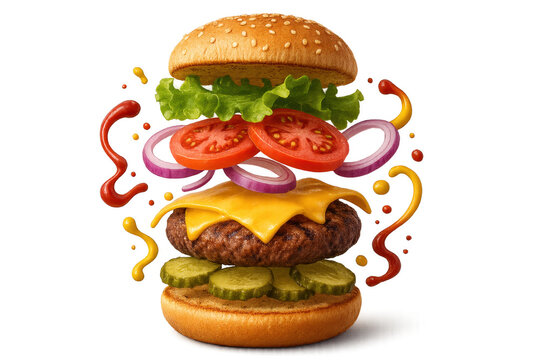Delicious burger with flying ingredients isolated on a transparent background. - Powered by Adobe