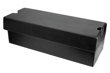 Black shoe box with a lid on a white background.