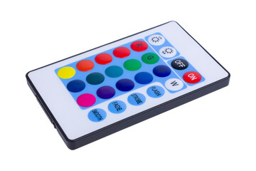 Colorful remote control for LED lights with various buttons.