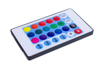 Colorful remote control for LED lights with various buttons.