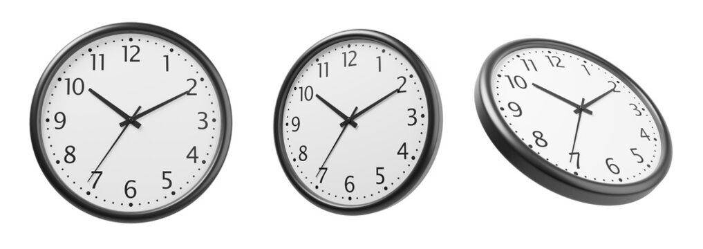 Set of three realistic wall clocks showing different angles and time with modern design on white background. Concept of time and punctuality. 3D Rendering. 3D Rendering