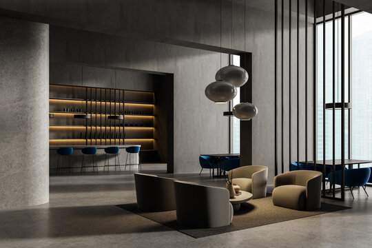 Modern lounge and bar interior design with elegant lighting, cozy seating, and contemporary concept elements in a minimalist architectural space. 3D Rendering