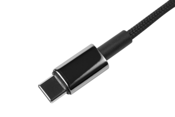 Closeup of a USB-C cable against a white background.