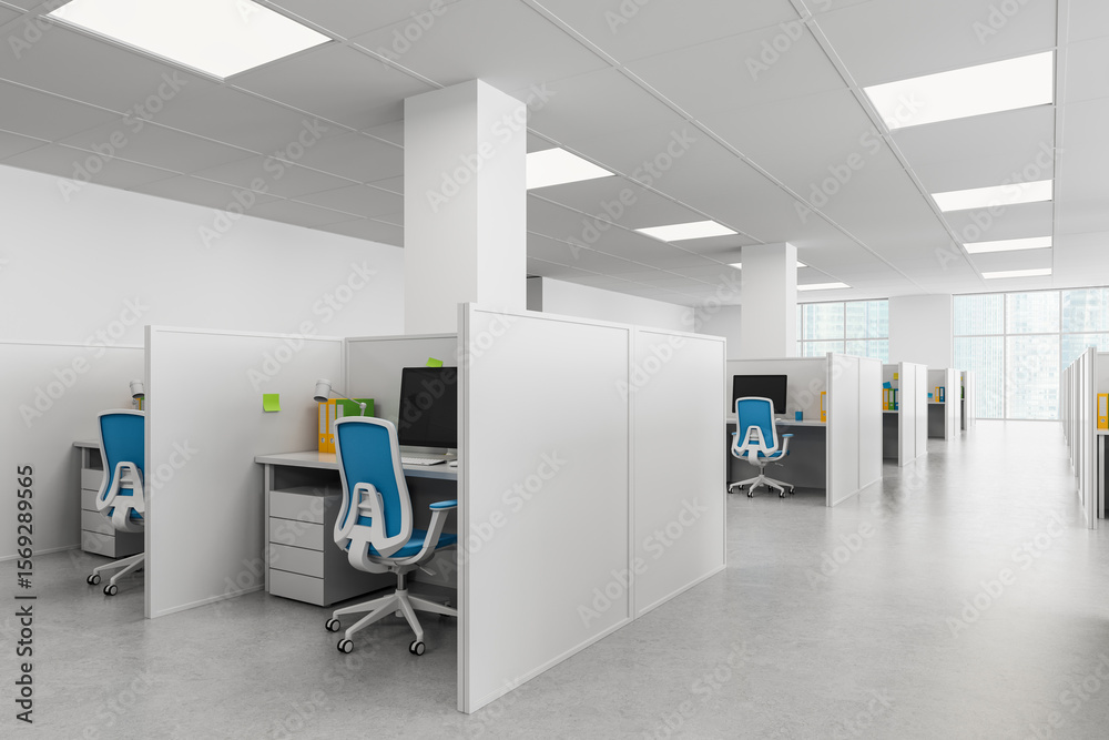 Poster modern office cubicle layout with ergonomic chairs and computers in bright open space setup with min