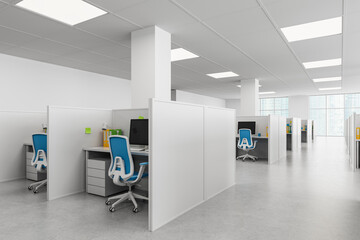 Modern office cubicle layout with ergonomic chairs and computers in bright open space setup with...