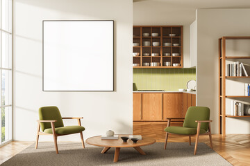 Modern interior with blank poster on wall above green chairs in cozy living space with wooden...