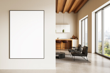 Blank poster mockup in modern interior with clean wall and minimal furniture layout for art,...