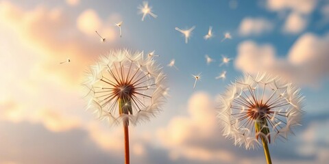 Fluffy dandelion seeds disperse on a vibrant summer sky,  wish,  fluffy