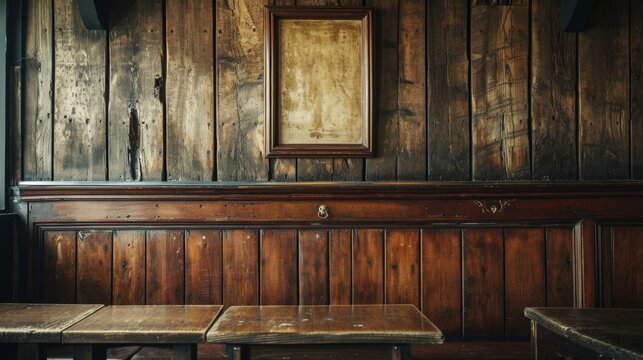 A blank picture frame hanging on the old textured wooden wall in a cosy old english or irish pub