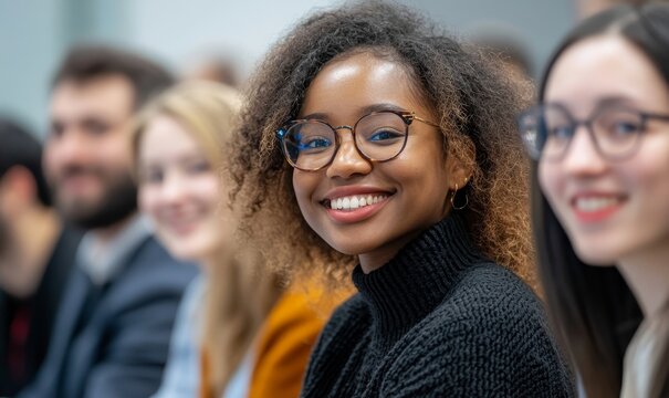 Diverse and inclusive group of office colleagues smiling at a team-building workshop event. This image promotes workplace race inclusion and diversity in a supportive environment, Generative AI