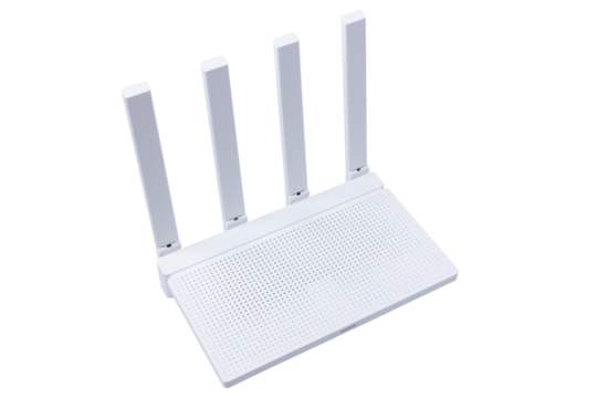 White Wi-Fi router with four antennas on white background.
