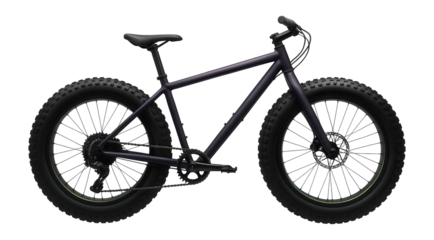 Fat bike with a dark purple frame and heavily treaded black tires